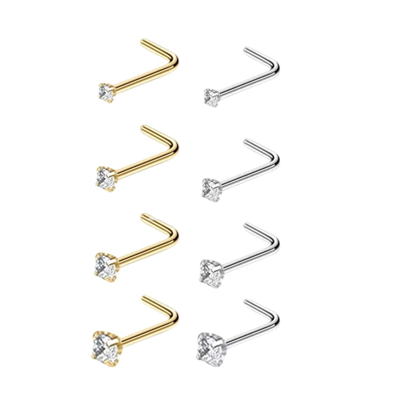 Nose Studs for Women Men, 8pcs 20 Gauge L Shaped Nostril Stud Set, Stainless Steel, Clear CZ 1.5/2/2.5/3mm, Gold/Silver, 7mm