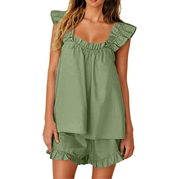 Vividxx Womens Pajama Sets 2 Piece Outfits Sleeveless Sleepwear Ruffle Crop Top And Casual Shorts Loungewear Outfit Comfortable