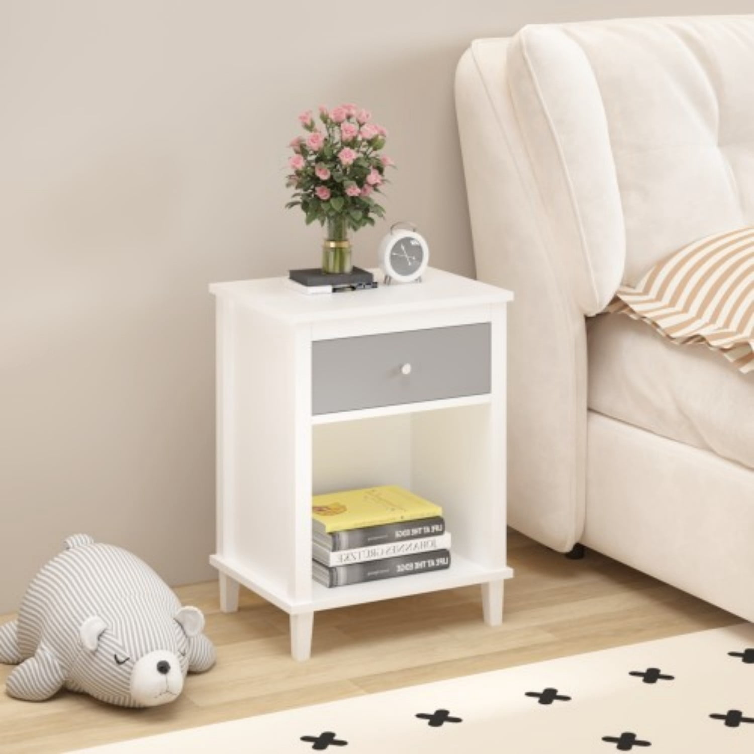 26.77" Wooden Nightstand with Drawer and Open Shelf, Modern Bedside Table for Kids & Adults, MDF End Table with Silver Handle, White & Gray