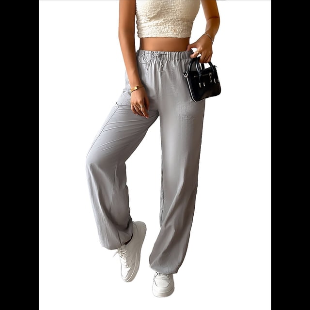 Pantalones de Mujer de Cintura Alta con Bolsillos y Parte Inferior . Gris L