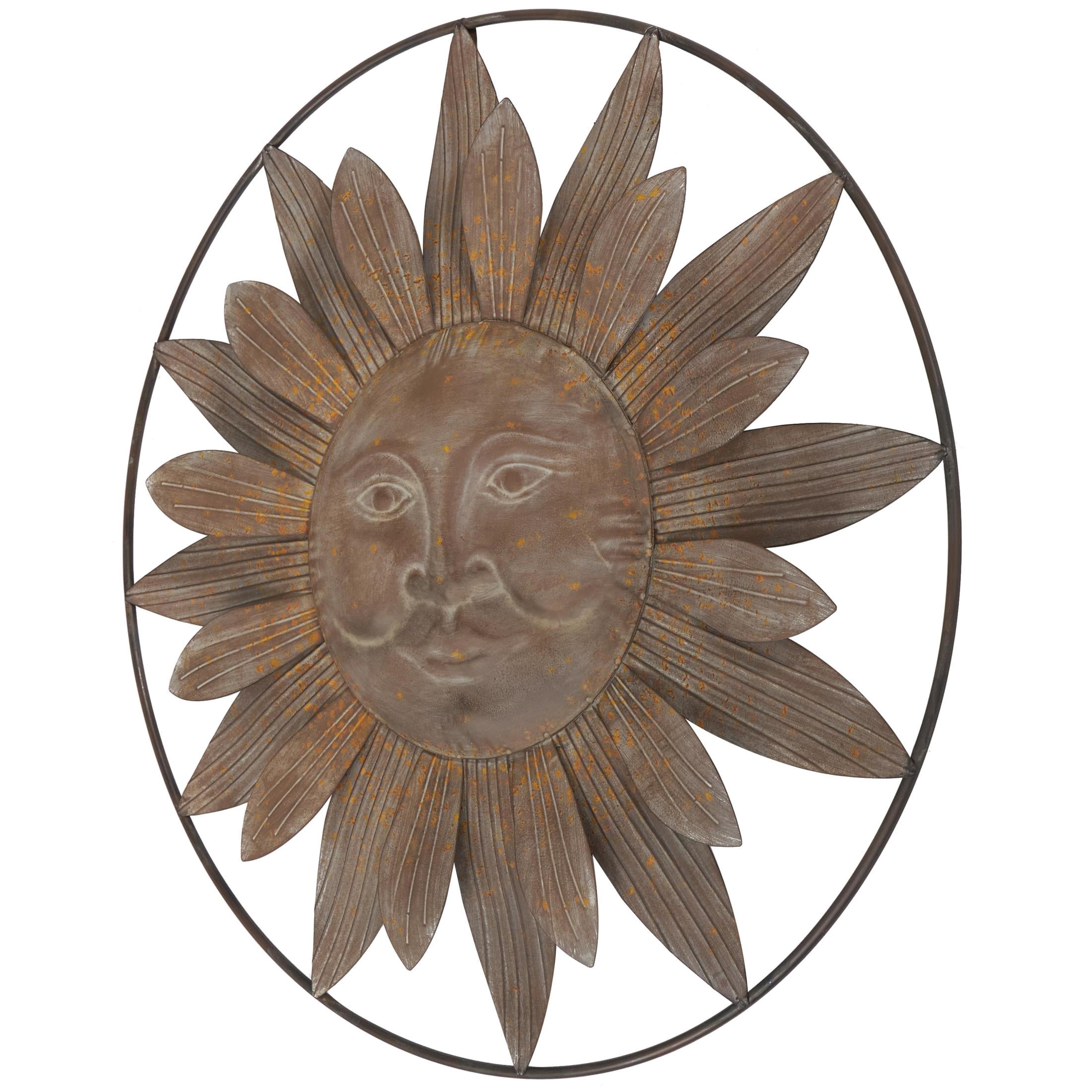 DecMode Rustic Metal Carved Sun Face with Rays Wall Décor, 30"D with Bronze Gold Distressed Finish