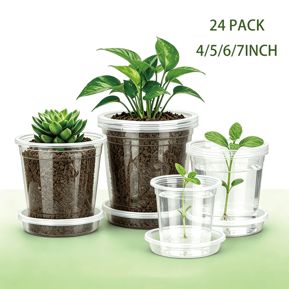 Plant Pots, Self Watering Pots for Indoor Plants - 24 Pack Clear Nursery Pots, 4/5/6/7 Inch Round Planters with Drainage Holes for Garden Seedlings