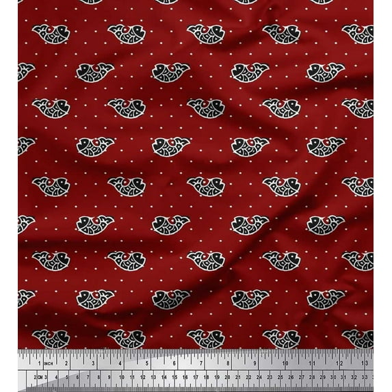 Soimoi Modal Satin Fabric Fish Block Print Fabric by The Yard 42 Inch Wide