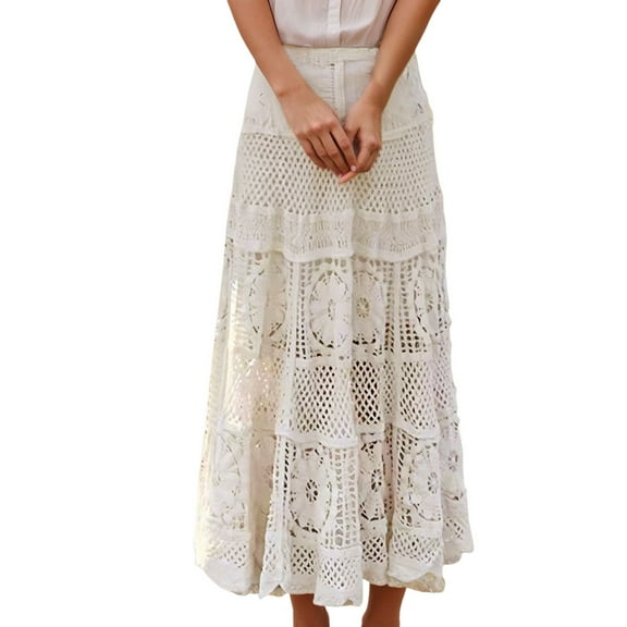 EDFBUYKRS Female Skirts Long Fall Skirt with Slit Women's Western Floral Lace Crochet Knit Maxi Boho Skirt A Line Eyelet Hippie Flowy Long Skirt