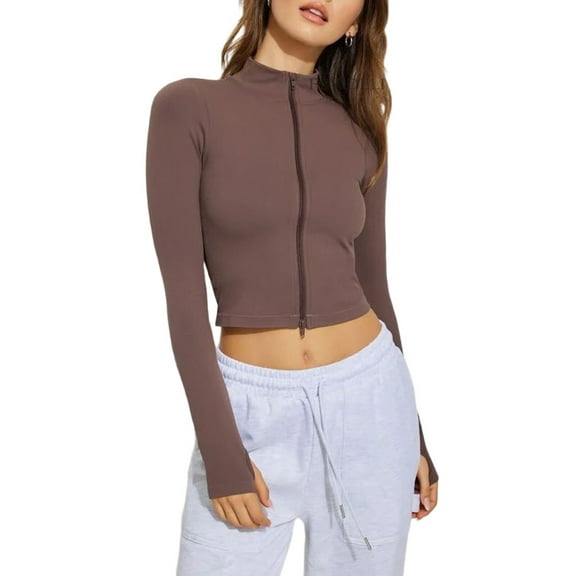 Womens Full Zip Cropped Workout Jacket Slim Fit - Athletic Yoga Tops with Thumb Holes Brown S
