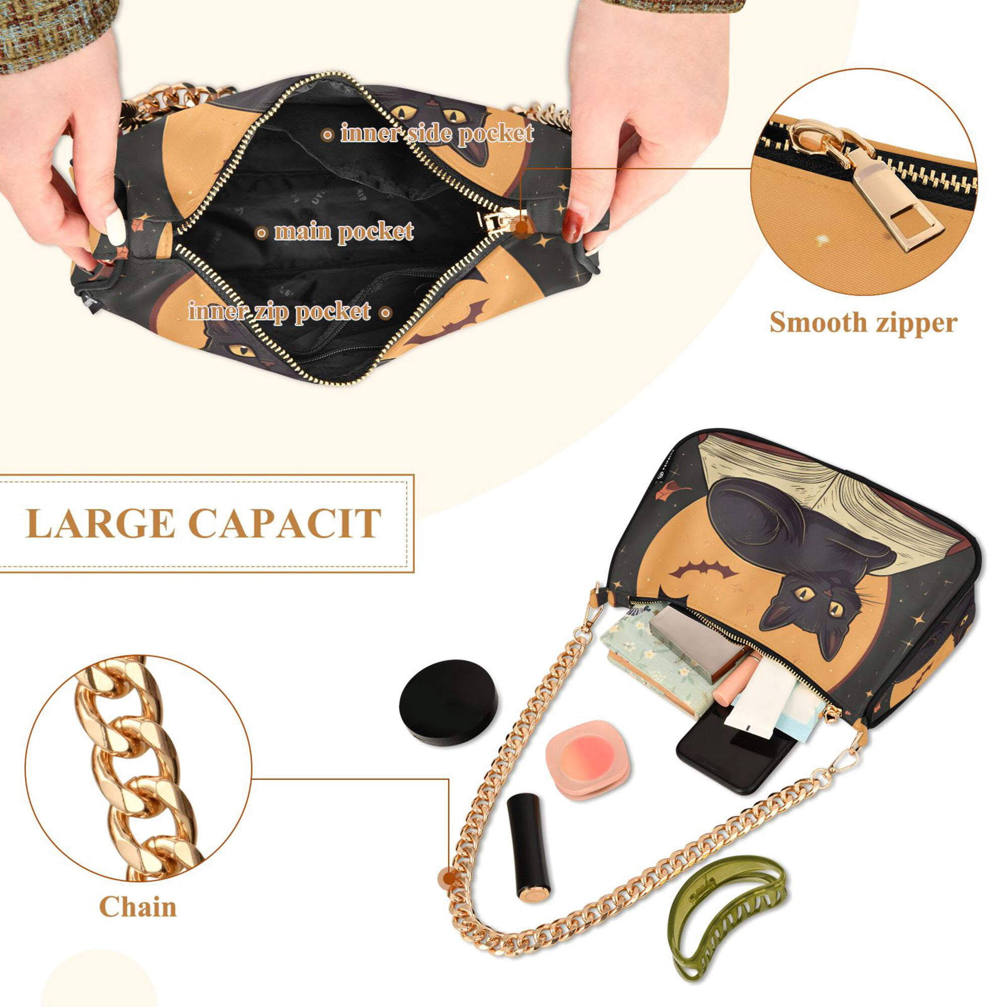 FORMRS Womens Shoulder Bag with Chain Strap Clutch Purse Cute Tote Handbag, Orange Halloween Cat