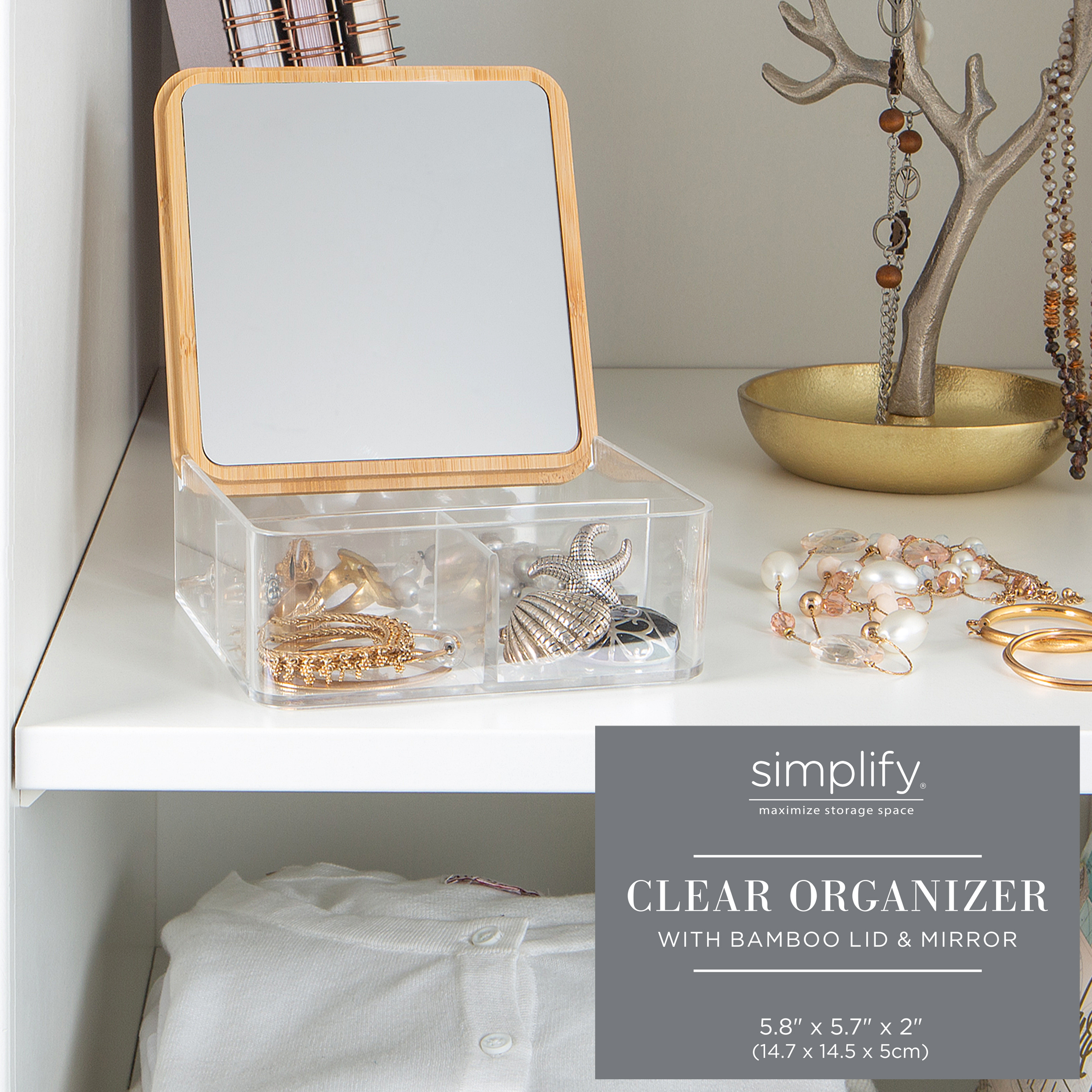 Simplify 3 Compartment Clear Plastic Organizer with Bamboo Lid & Mirror