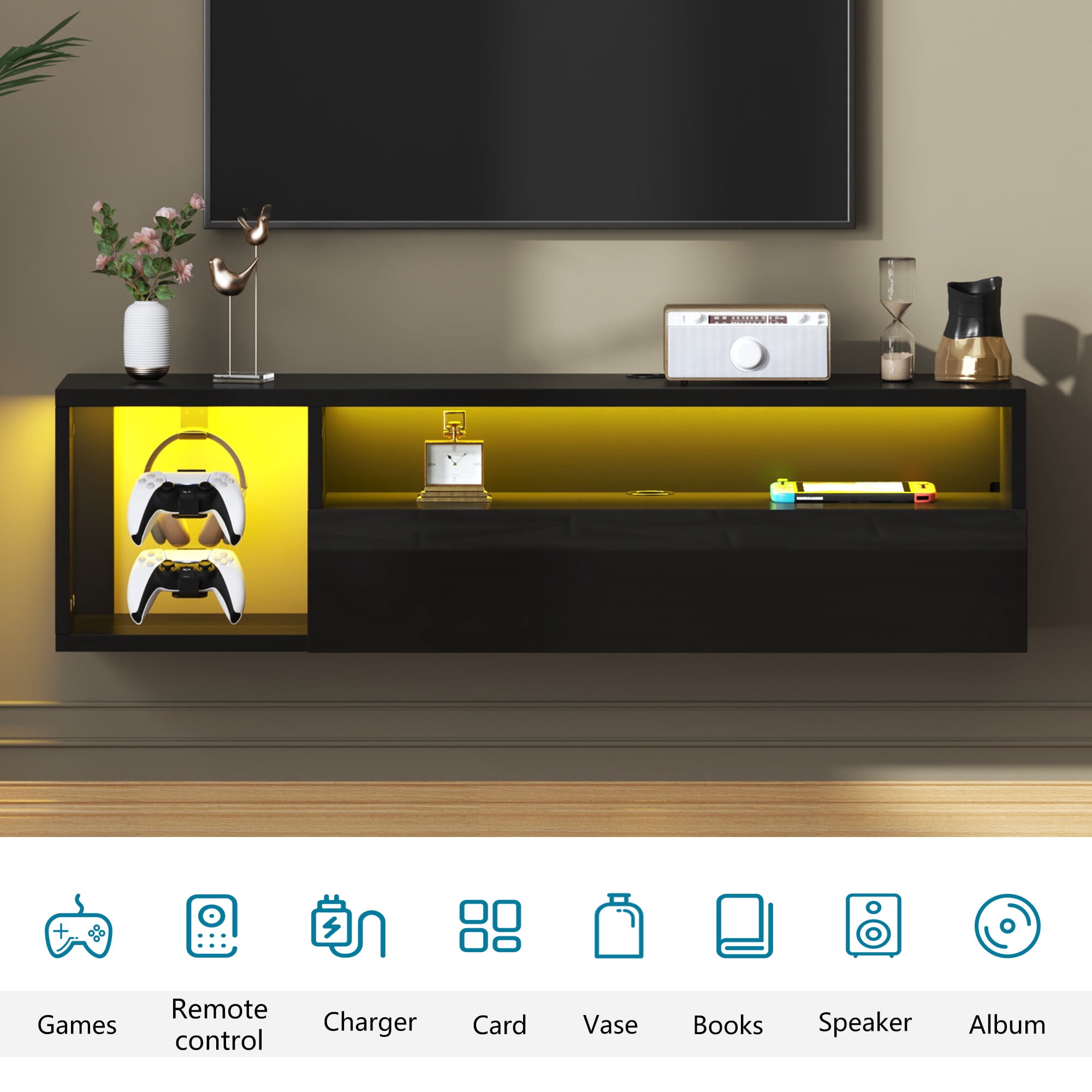 SogesPower 39.3 inches Length Floating TV Stand with Lights,Floating Entertainment Center, Suitable for Maximum Screen Size of 65 Inches,Black