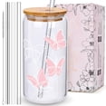 thumbnail image 1 of Vaso de cristal con diseño de mariposa, bípedos, con tapa y pajita, juego de 3, 1 of 6