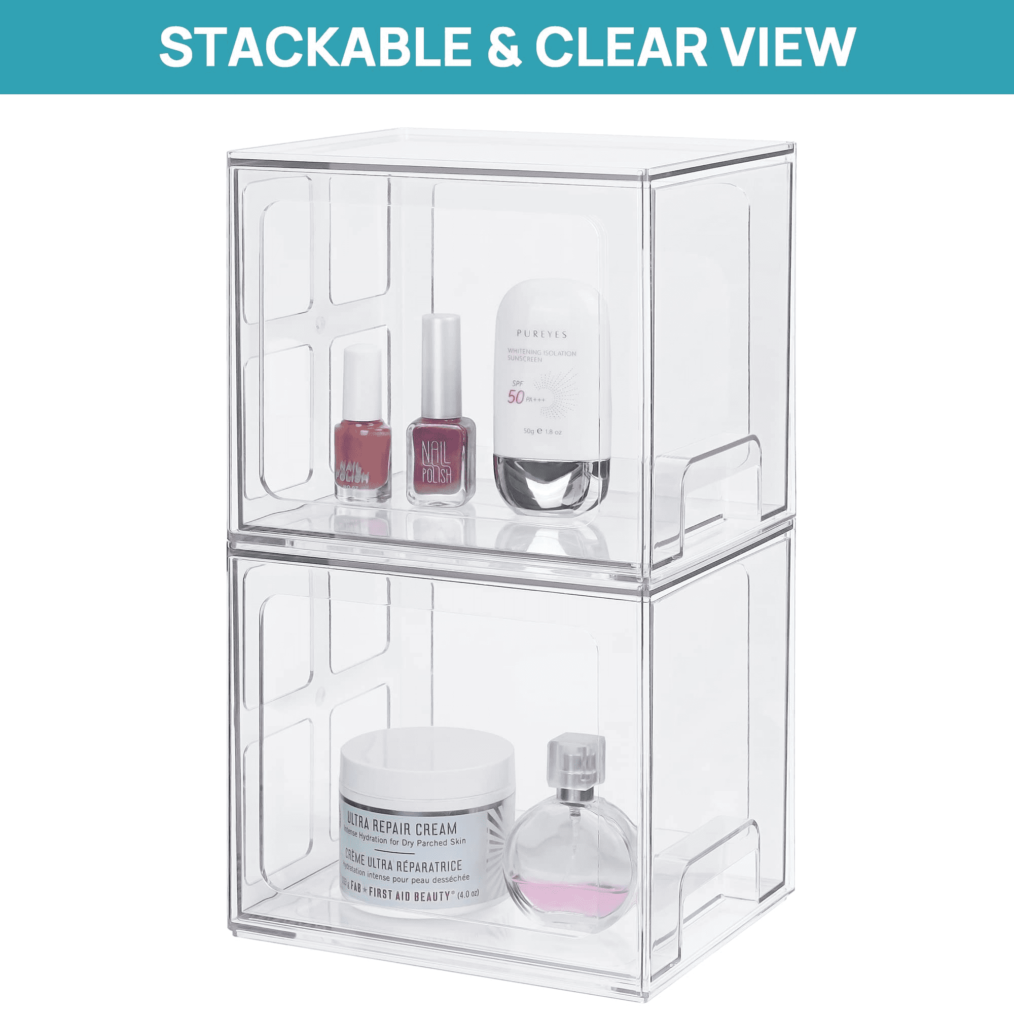 2 Pack Stackable Makeup Organizer Storage Drawers, Vtopmart 4.4'' Tall  Acrylic Bathroom Organizers，Clear Plastic Storage Bins For Vanity,  Undersink, Kitchen Cabinets, Pantry Organization and Storage