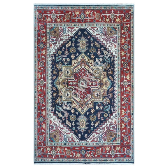 Traditional Hand-Knotted Serapi Area Rug 8X10 Handmade Wool Area Rug Blue, Rust, Ivory, Lt Grey, Camel