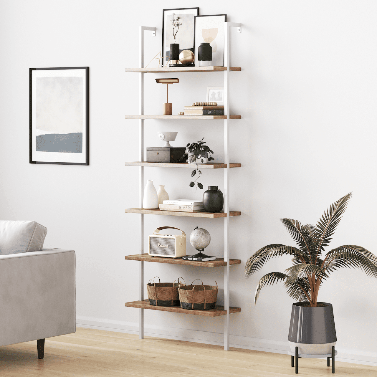 Details about   Theo Natural  5-Open Shelf Ladder Bookcase Bookshelf with Metal Frame 