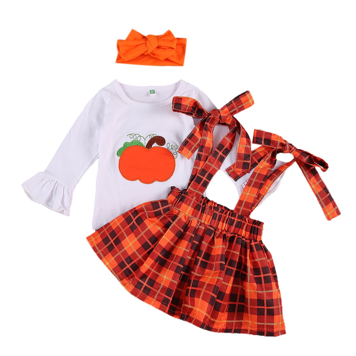Toddler Kids Girl Halloween Thanksgiving Outfits Pumpkin Suspender Skirt Headband 3PC Plaid Strap Overall Dress Set 