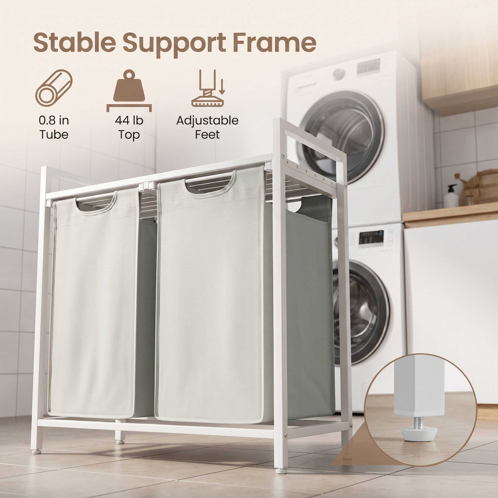Ledrem Laundry Sorter with 2 Removable Bags and Storage Shelf, 2-Compartment Organization, White