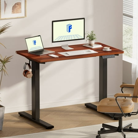 FLEXISPOT 48"x30" Home Office Height Adjustable Standing Desk with Hooks, Ergonomic Electric 2-Stage Stand Up Computer Desk, Black and Mahogany