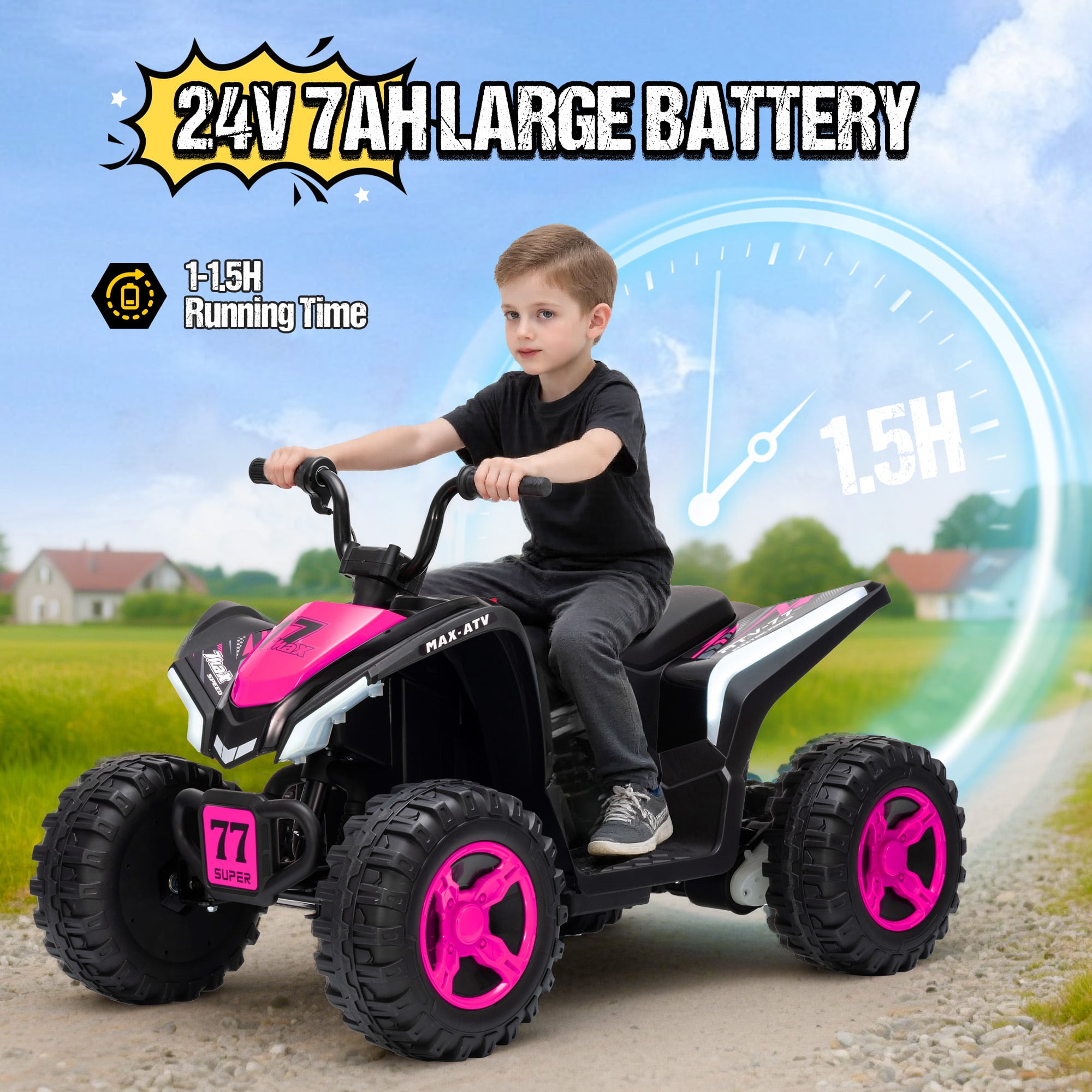 Kids ATV 4 Wheeler, Two Seater 24V Ride On Toy for Big Kid w/Unique LED Light, Music, Wireless, Story, 24 Volt Ride on Car Electric Quad for Boys Girls, Pink