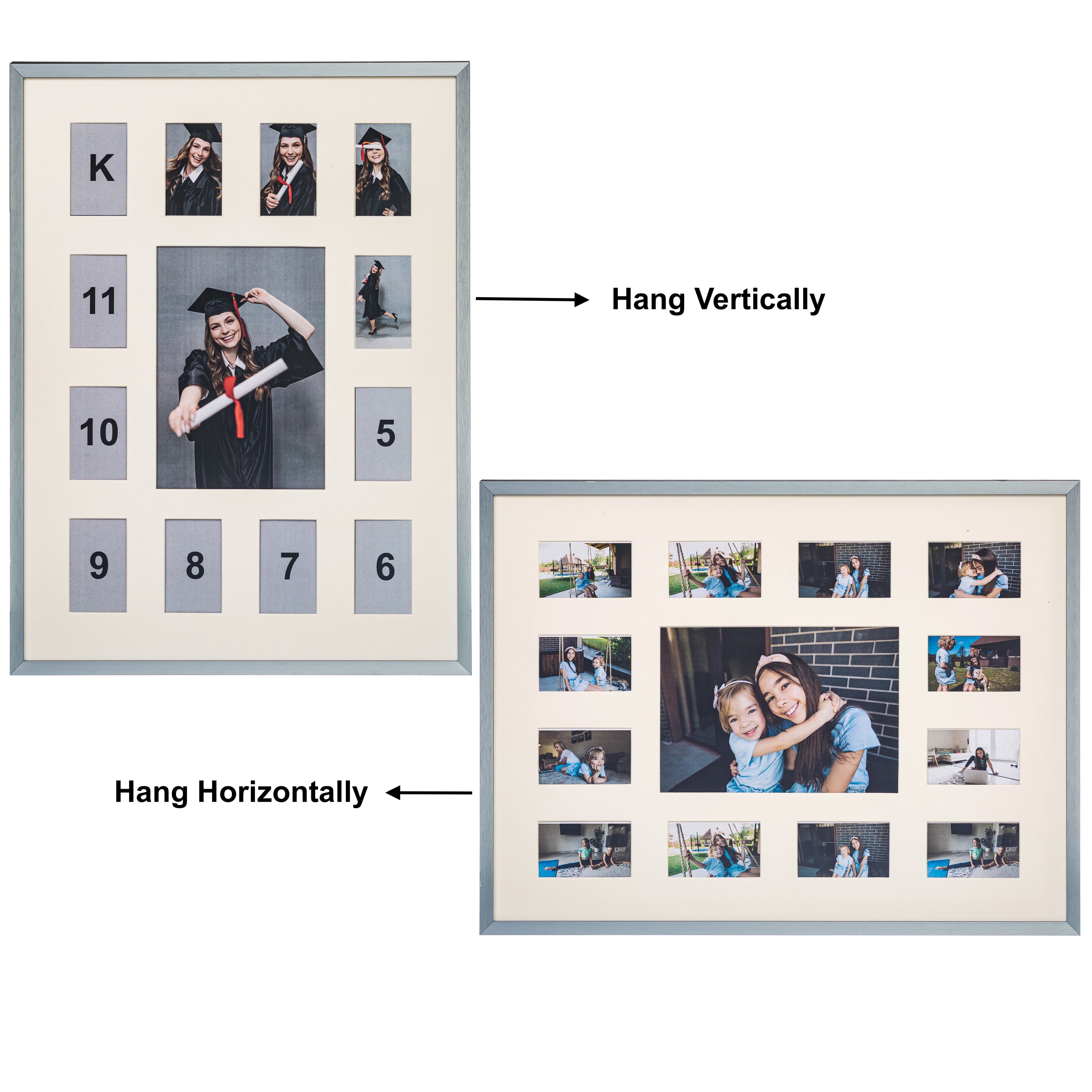 School Years Aluminum Metal Collage Picture Frame - Displays One 5x7 Photo and Twelve 2.5x3.5 Openings, K-12 Keepsake Silver