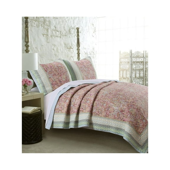 Benjara Denver 3 Piece Queen Cotton Quilt Set with Fern Branches Print, Multicolor