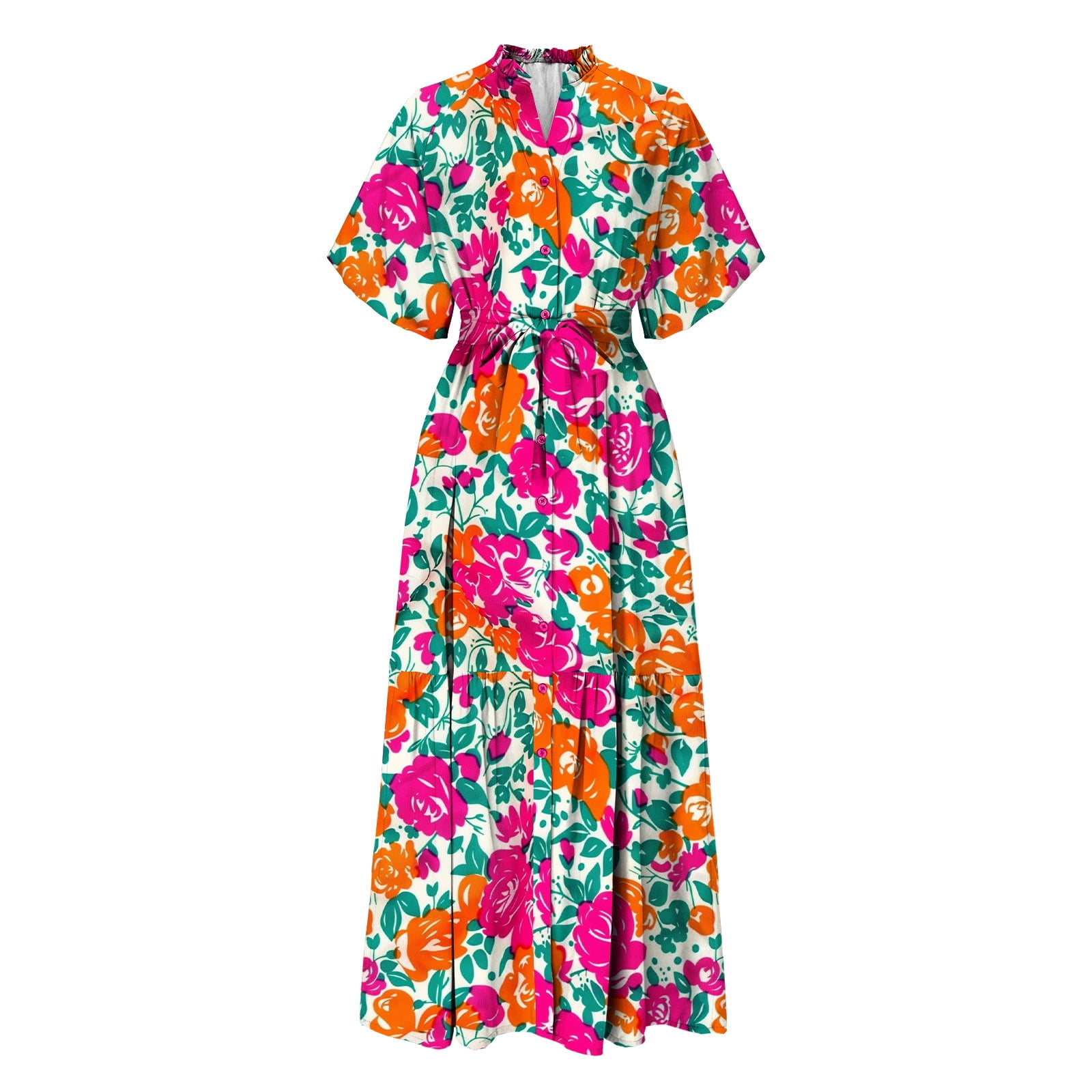 Weiqiqre Women's Dresses Floral V Neck Puff Sleeve Empire Waist A Line Flowy Long Beach Boho Dress