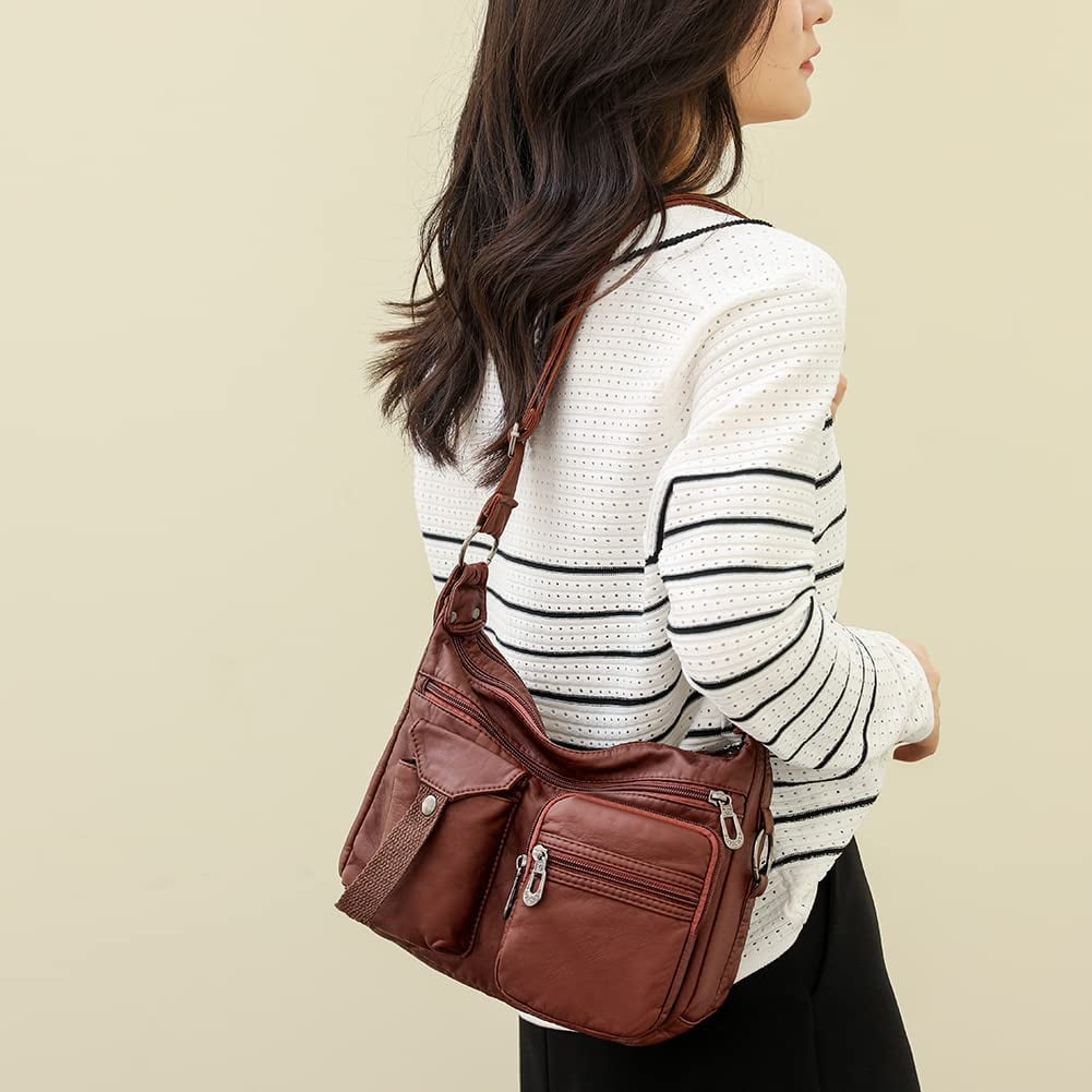 Soft Leather Crossbody Purse for Women Pocketbooks Waterproof Shoulder Bag Ladies Multi Pocket Crossbody Bag