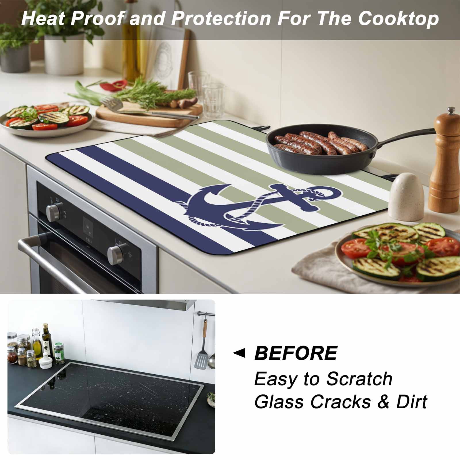 Striped Anchor Stove Top Cover for Electric Stove, Heat-proof & Non Slip Glass Top Stove Cover Protector, Navy Blue Nautical Sage Green Geometric Kitchen Flat Cooktop Rubber Mat 36x21 Inches