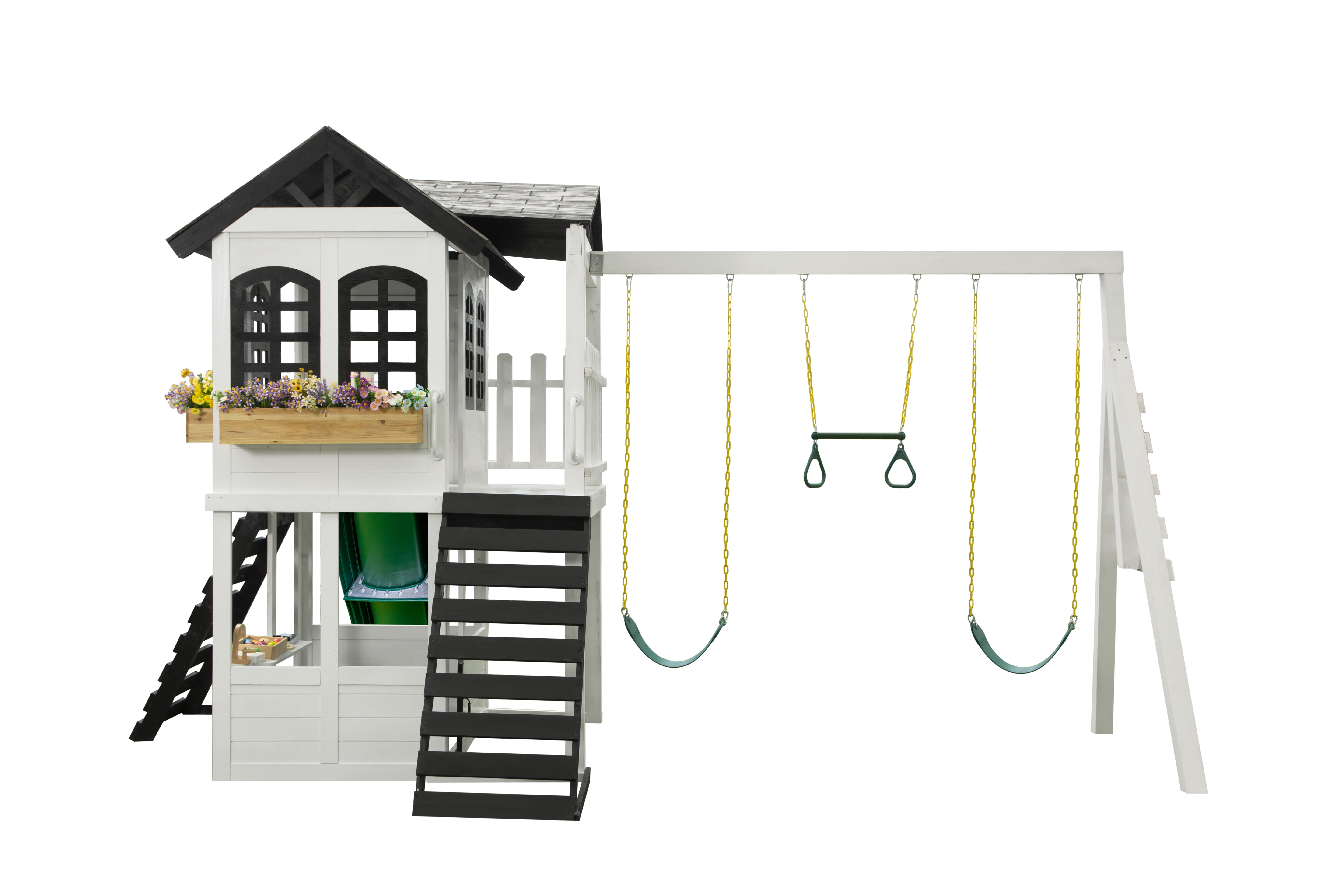 2MamaBees Reign Two Story Playhouse | Black & White Farmhouse Design with Kitchen and Garden