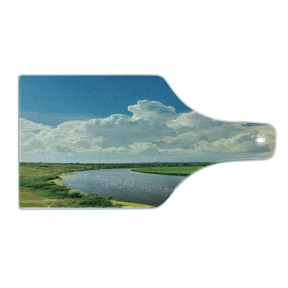 Nature Cutting Board, Clouds over Moving River Landscape with Meadows Grass Clear Sky Daytime, Decorative Tempered Glass Cutting and Serving Board, Wine Bottle Shape, Green Blue White, by Ambesonne