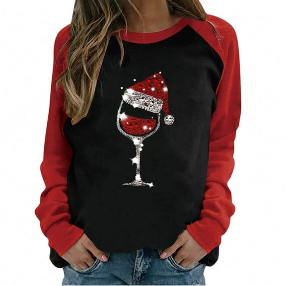 Women's Christmas Baseball Raglan T Shirt Long Sleeve Shirts Red and Black Color Patchwork Pattern Print Sequin Crew Neck Pullover Sweatshirt Casual Tunic Tops