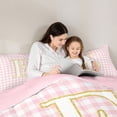 thumbnail image 4 of Castle Fairy Plaid Gold Letter E Twin Comforter Sets 3-Piece for Girls,Minimalist Geometric Grid Bedding Set,Pink Reversible, 4 of 6