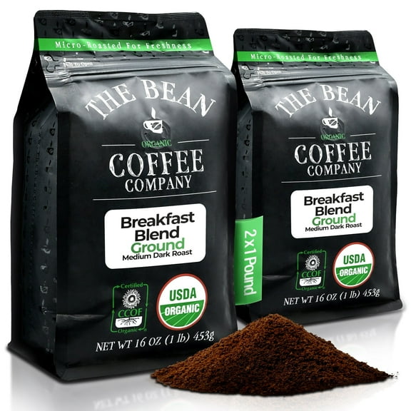 The Bean Organic Coffee Company Breakfast Blend, Medium Dark Roast, Ground Coffee, 16-Ounce Bags (Pack of 2)
