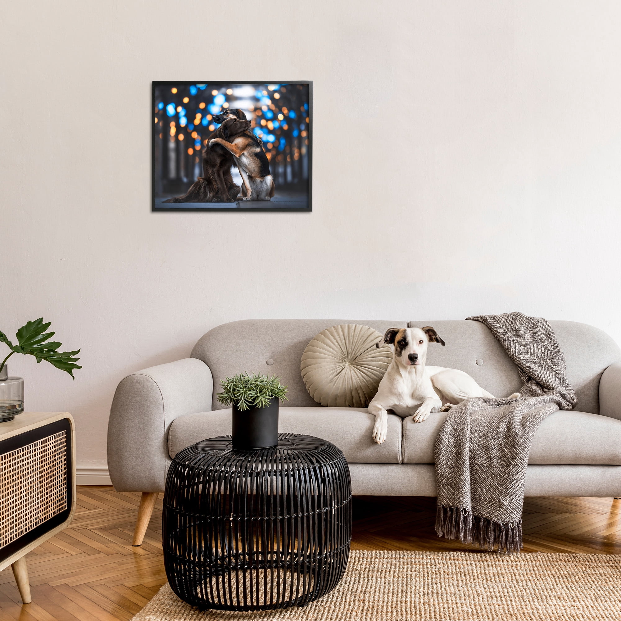 Stupell Industries Hugging Dogs with Bokeh Animals & Insects Painting Black Framed Art Print Wall Art, 30 x 24