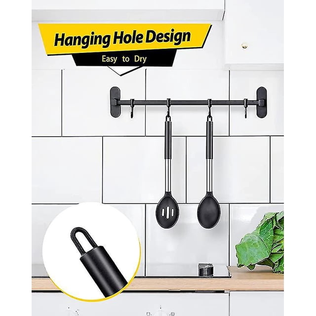 cucharas de cocina grandes de silicona (negras), cuchara para untar sólida antiadherente, utensilios de cocina resistentes al calor para mezclar, servir, escurrir y revolver