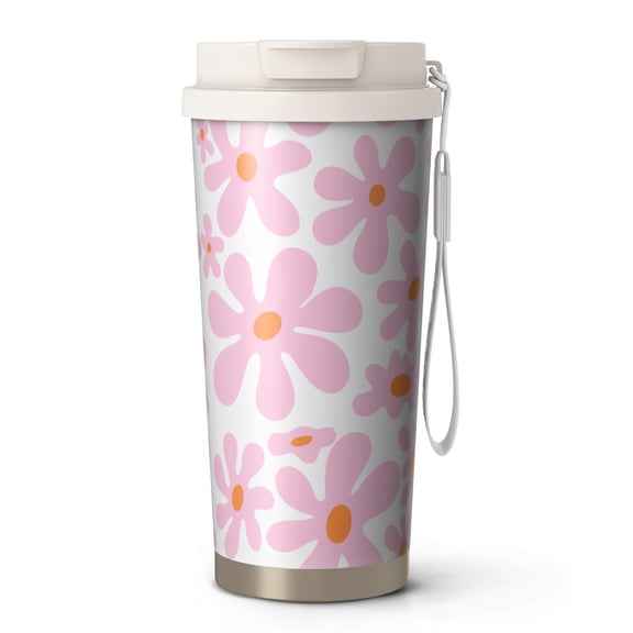 18oz Travel Coffee Mug, 316 Stainless Steel Vacuum Insulated Tumbler with 2-in-1 Straw Lid & Strap, Daisy Floral Print