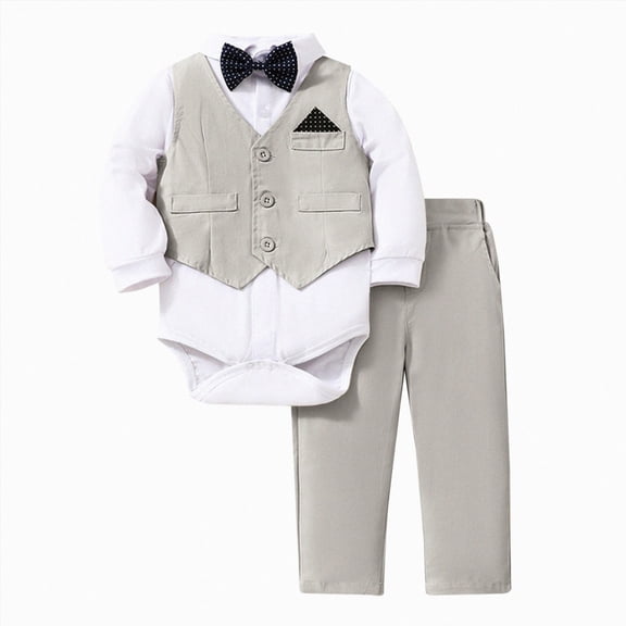Wonitaaizi Baby Boy Clothes Toddler Boy Outfits 3PCS Gentleman Dress Romper Pants Bow Tie Suit Sets (3-6 Months,Beige)