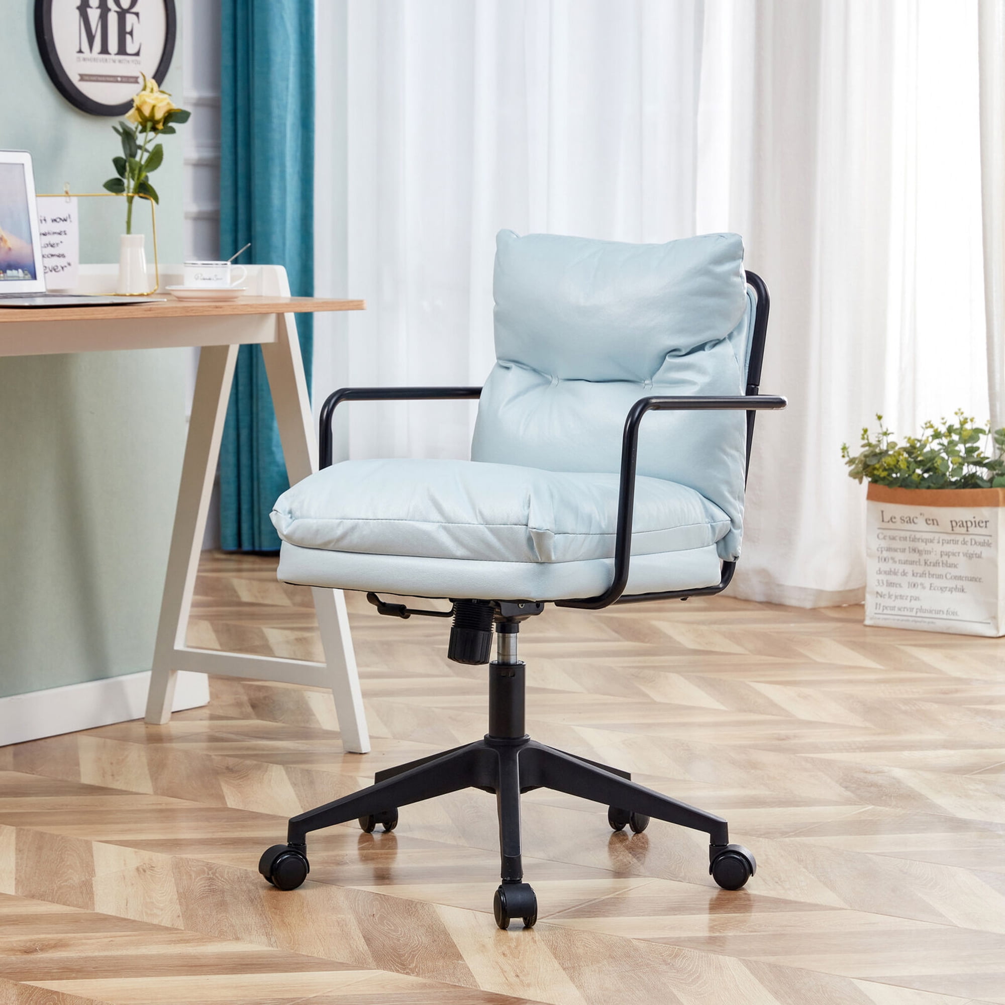 Home Office Chair Cute Desk Chair with Arms and Wheels for Living Room, White Washed