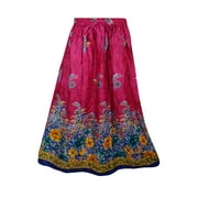 Mogul Womens Pink Skirt Floral Print Cotton Blend A-line Flirty Boho Chic Gypsy Long Skirts