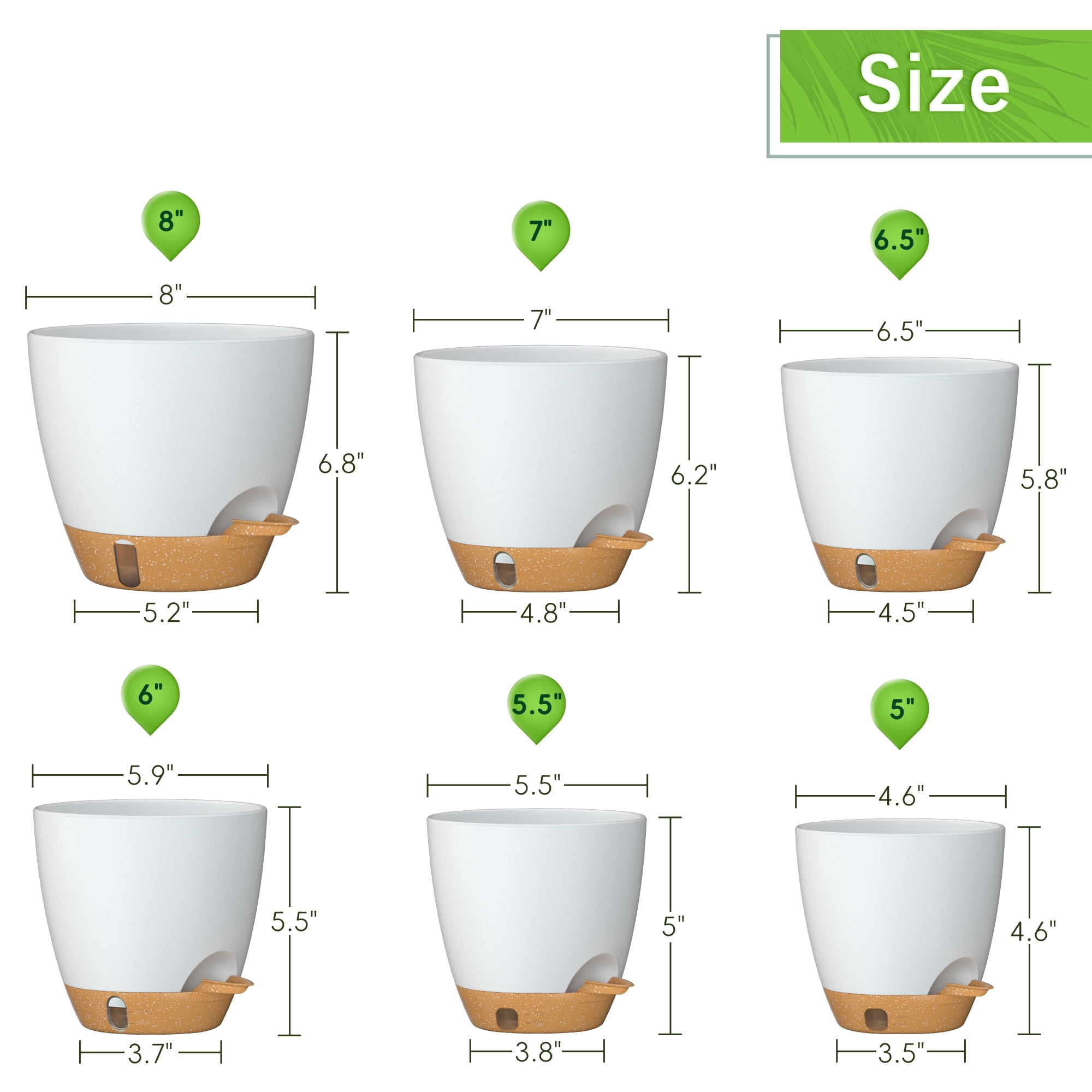 FIASON 6 Pack Self-Watering Plant Pots, White with Brown 5/5.5/6/6.5/7/8 Inch Planters with Watering Lip, Drainage Holes & Saucer for Indoor Outdoor Garden Plants