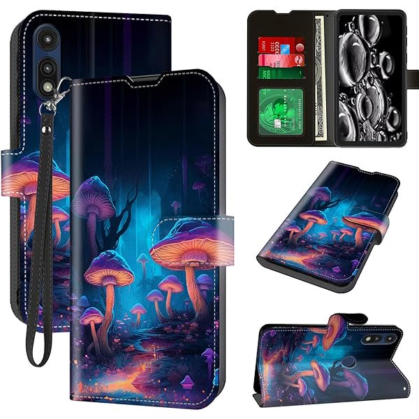 wonima11 for Moto E Phone Case,Motorola Moto E 2020 Phone Case Wallet with Card Holder & Wrist Strap Kickstand Folio Leather Magnetic Protective Shockproof Case for Moto E 2020,Blue Purple Mushroom