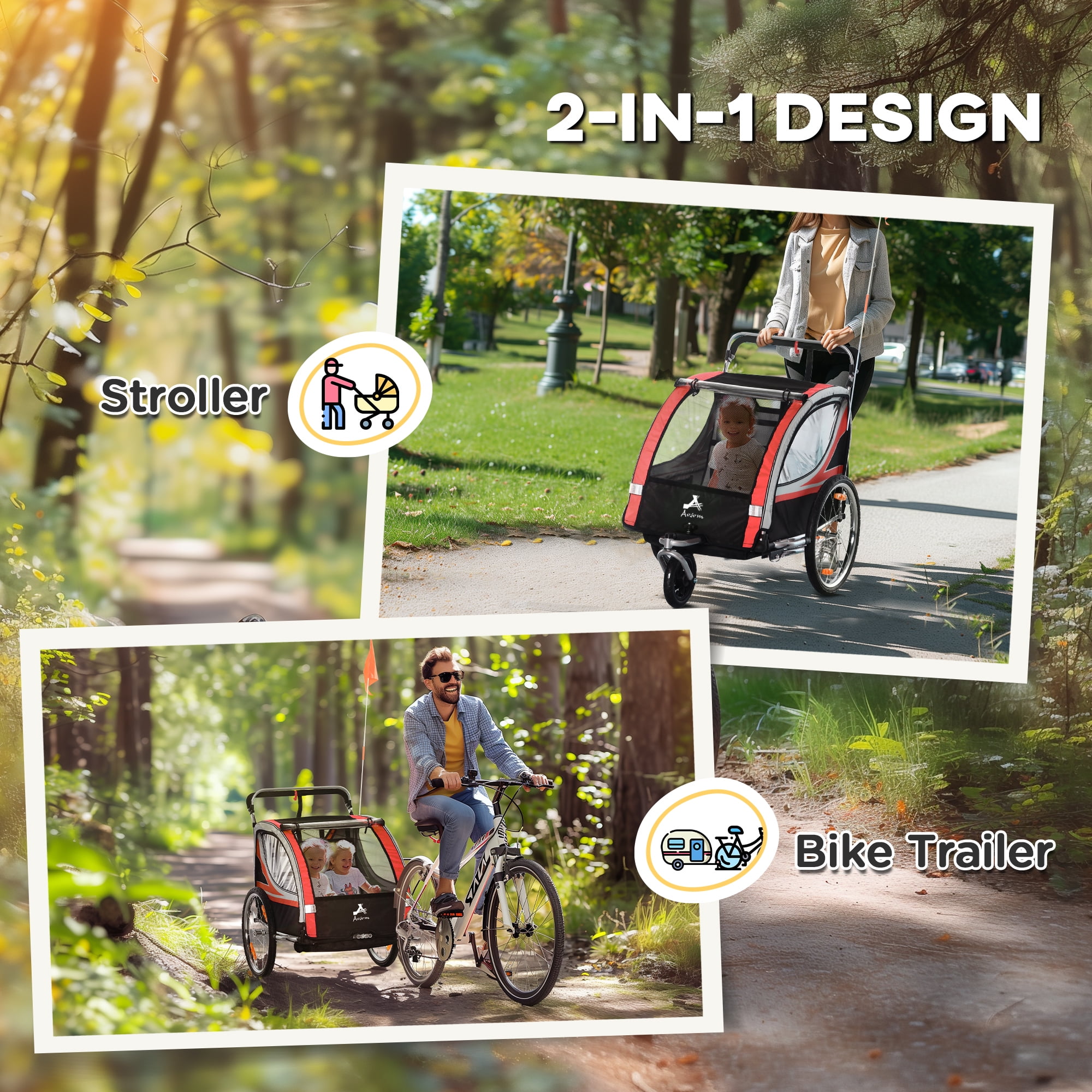 Aosom Baby Bike Trailer for Kids 2 Seater, Bike Stroller, Red