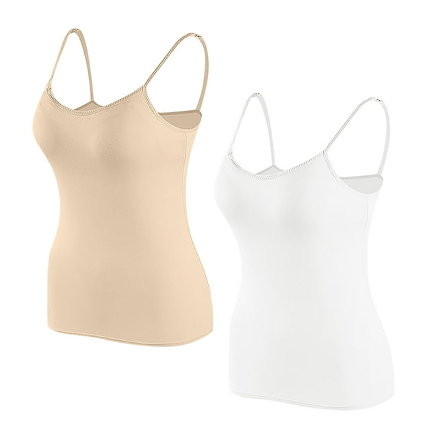 Timegard Camisoles pour Femmes 2 Pcs avec Soutien-Gorge Intégré Col Rond Bretelles Spaghetti Ajustées Douces Maillots de Corps Décontractés Hauts de Pyjama