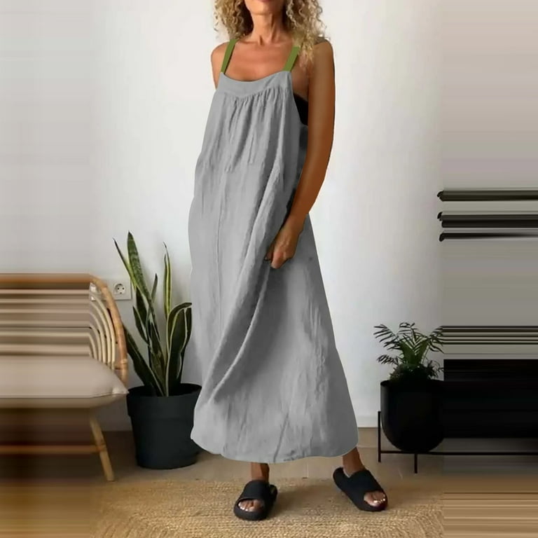 Hancoe Women s summer large size halter dress cotton and linen solid color fashion casual loose long halter dresses