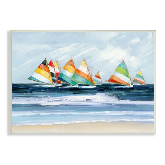 Stupell Industries Shoreline Sailboat Race Striped Sails Coastal Painting, 15 x 10, Design by Sally Swatland