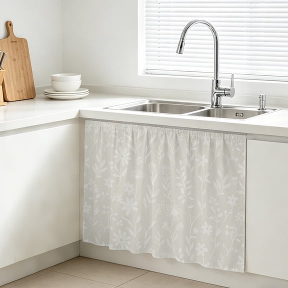 Pearl White Line Floral Cabinet Curtains for Kitchen 28"W x 35"L, Romantic Wildflowers Leaves Farmhouse Sink Skirt Magic Tape Short Curtain Decorative Privacy Panel for Bathroom Laundry