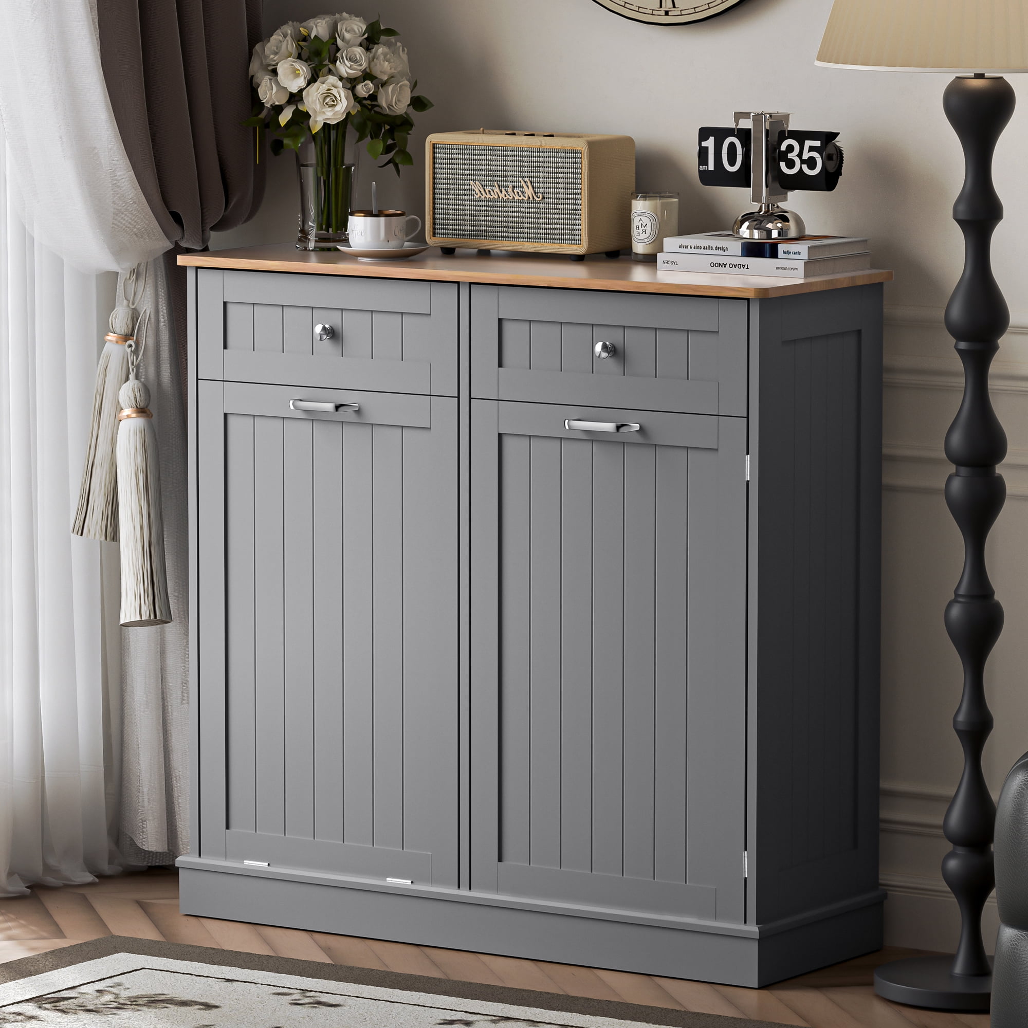 HARIPUL Single Tilt Out Trash Cabinet 13 Gallon Waste Bins Hidden Trash Bin w/ Hiddles for Kitchen, Gray