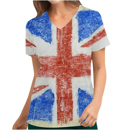 

SOOMLON Womens American Flag Lips T-Shirt Funny July 4th Independence Day Graphic Tees Tops Independence Day Print Scrubs Tops Pocket Blouse Nursing Uniform V-Neck Short Sleeve Red L