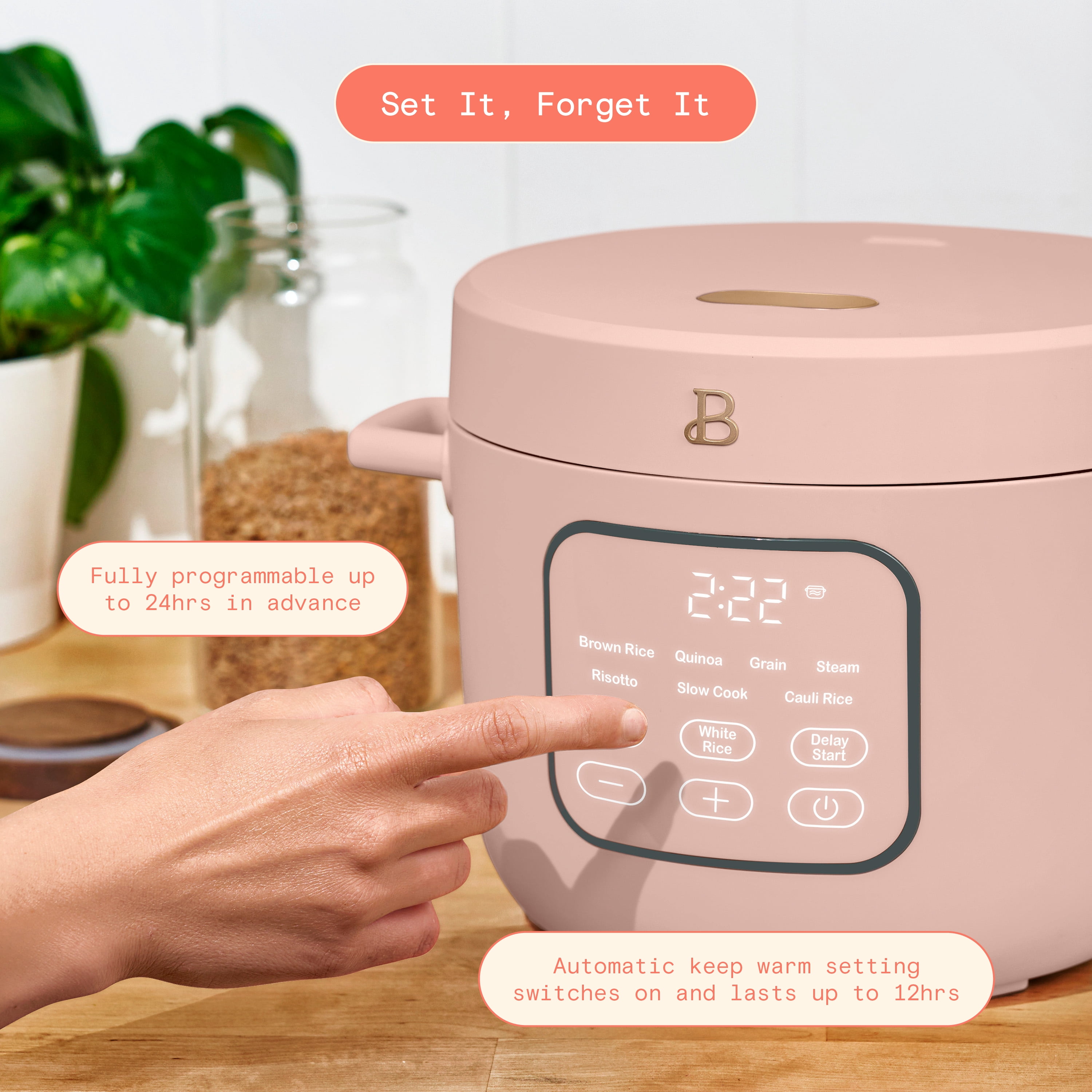 Beautiful 14-Cup Cooked, 6-Cups Uncooked Electric Rice and Grain Cooker, EverGood™ Ceramic Nonstick Coating, Rose by Drew Barrymore