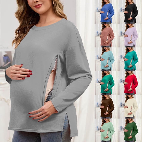 RKSTN Long Sleeve Shirts for Women Oversized Crewneck Maternity Nursing Breastfeed Hidden Zipper Side Split T Shirt Top Womens Casual Solid Plus Size Round Neck Loose Comfy Soft Maternity Tee Shirt