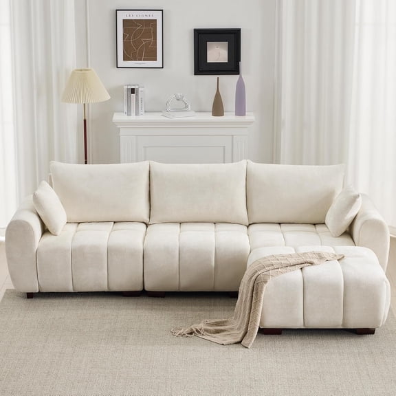 112" Mid Century Modern L Shaped Couch, 3 Seater Modular Sectional Sofa with Movable Ottoman, Deep Seat with Solid Wood Legs, Cloud Couch for Living Room, Chenille Tufted Sofa, Beige