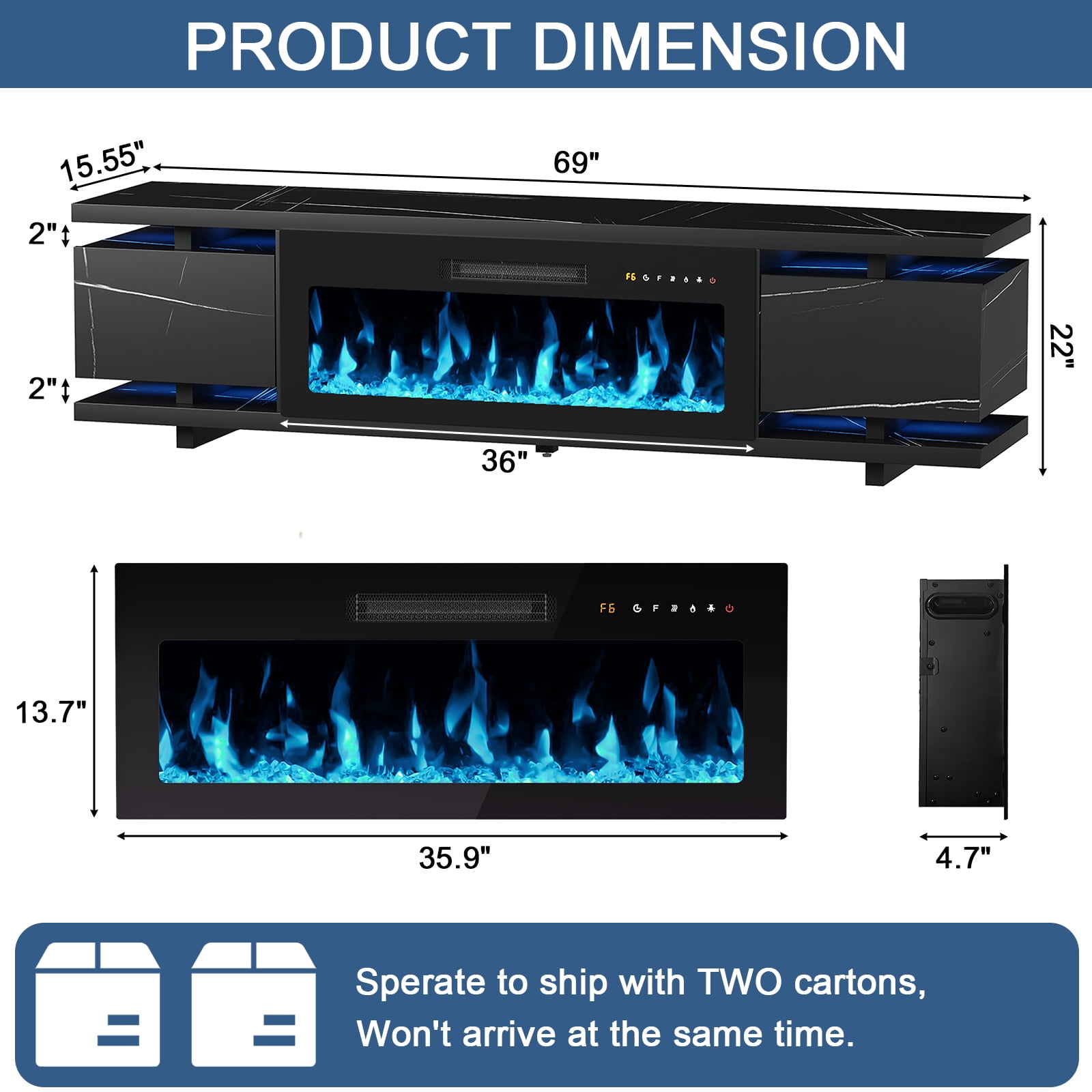 FAGAGA 69" Electric Fireplace TV Stands for TVs up to 80", LED Lights and Remote Control,Black