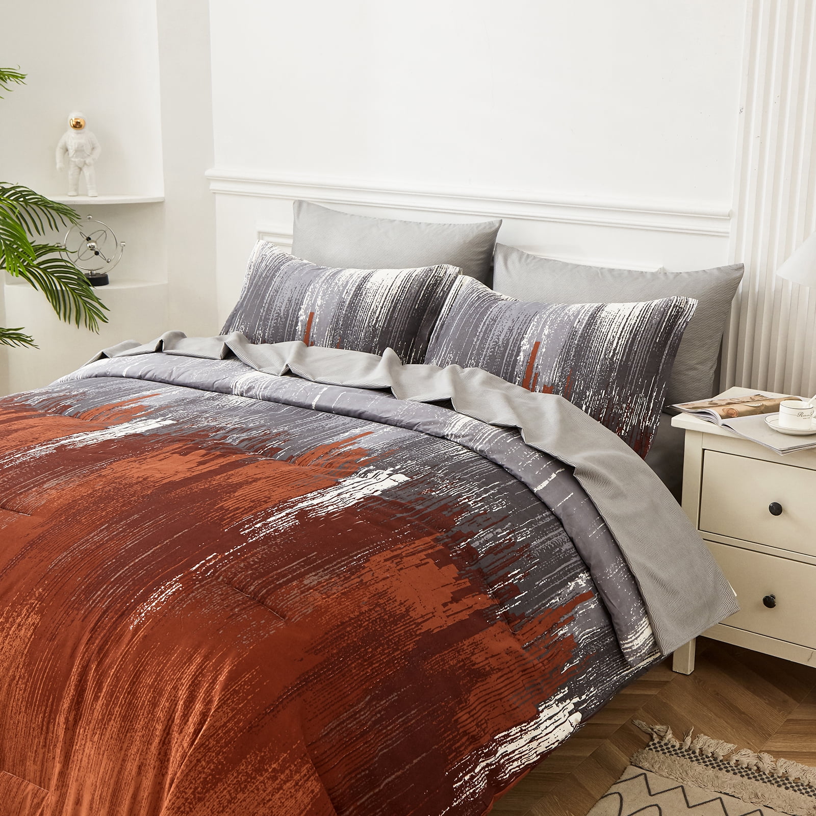 Dintszyayue Comforter Set Queen,Burnt Orange 7Pcs Abstract Gradient Soft Four Seasons Adult(90"x90")